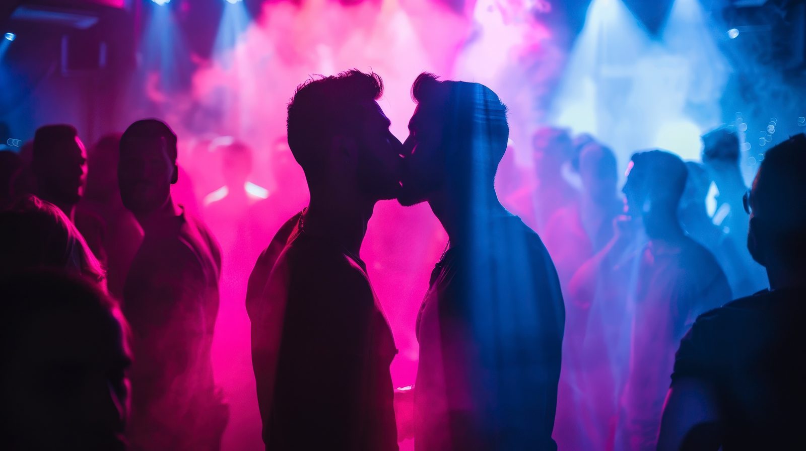 Silhouettes of two men in a club under coloured lights