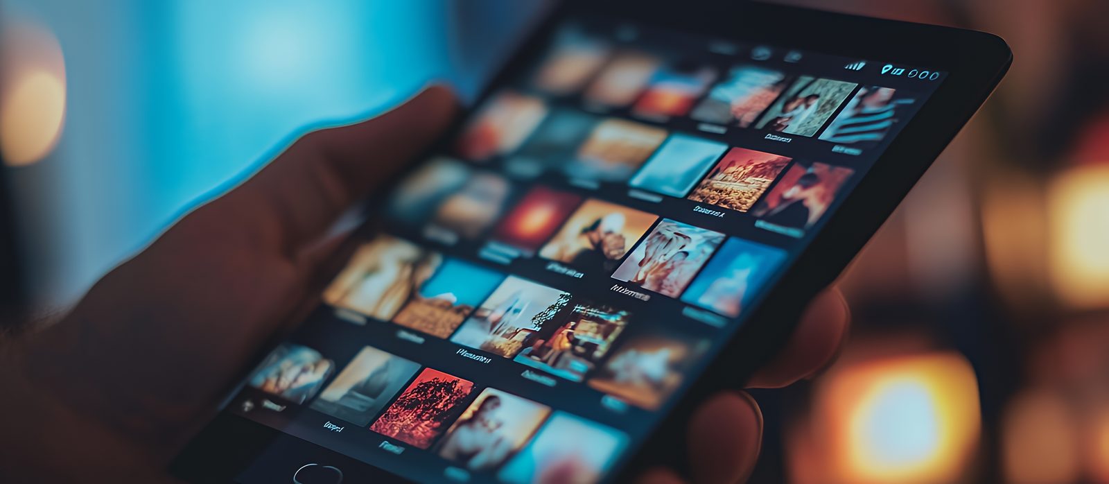 Hand holding a tablet showing a grid of images