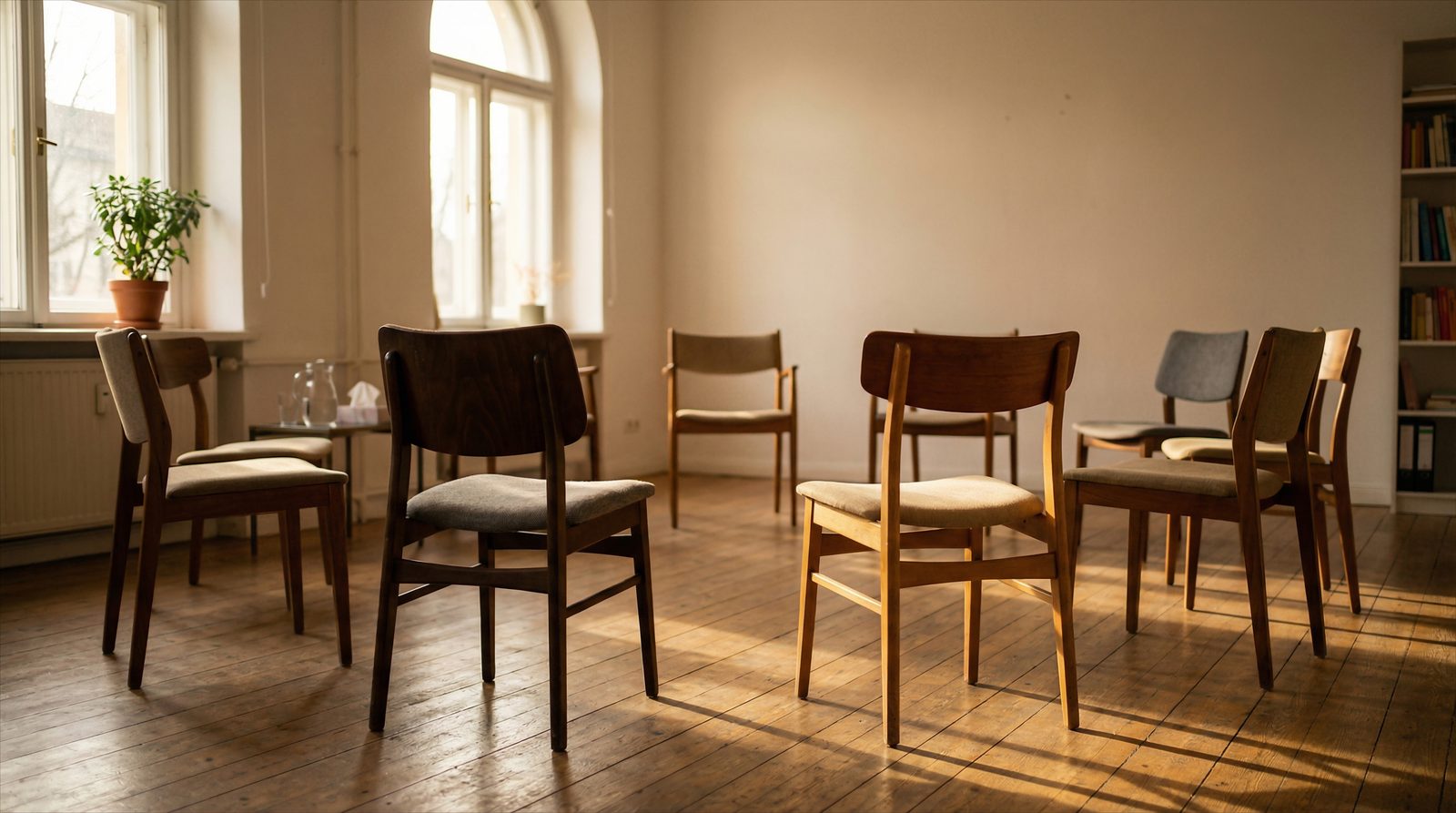 Chairs arranged in a circle in a sunlit room