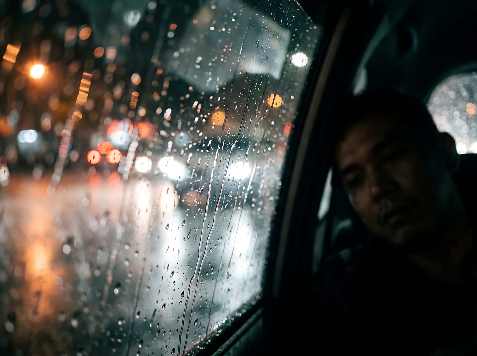 A man's reflection in a car window at night, city lights and rain