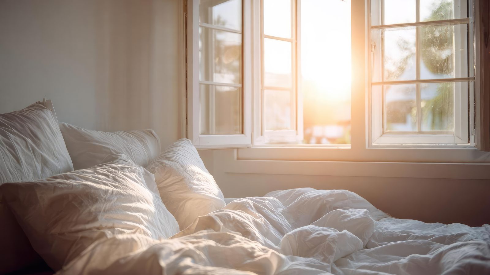 Sunlit bedroom, a made bed, morning light through open windows