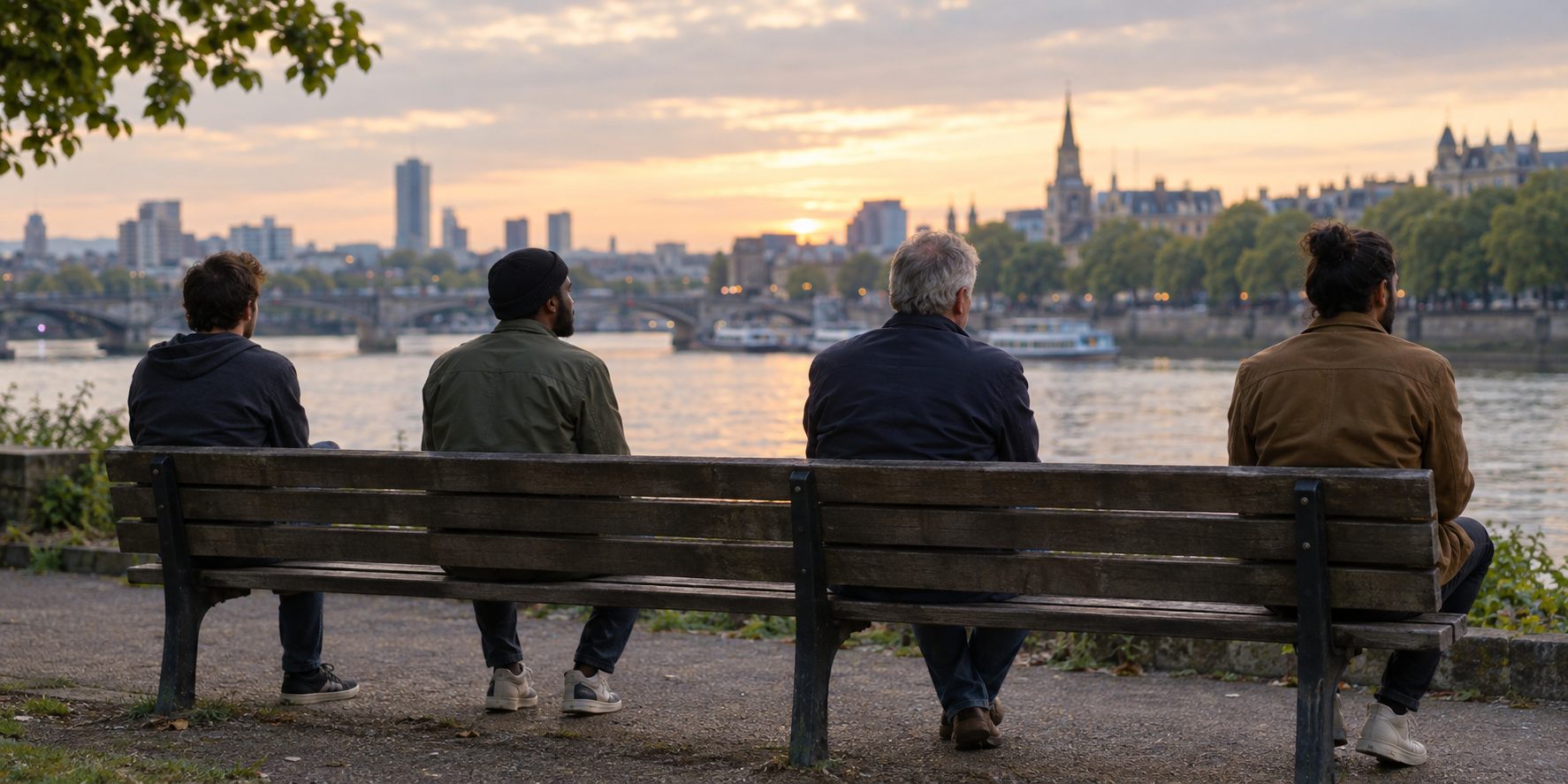 Four men sitting on a riverside bench at sunset, seen from behind.
